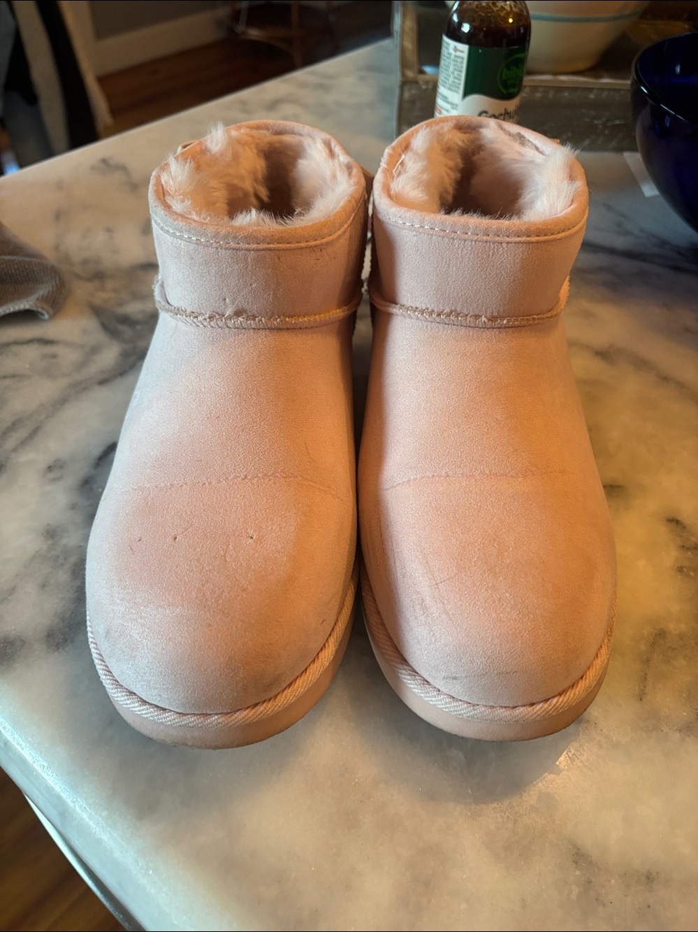 Juicy Couture Plush Faux-Shearling Slip-On Booties in Light Pink lightly worn